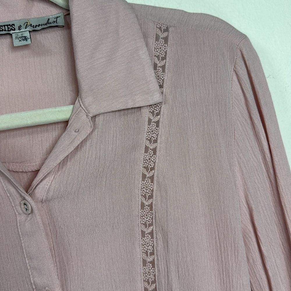 (H1) Gypsies & Moondust WomensButton Up Shirt Pink BellSleeves Tie Lace Trim, XS - Picture 4 of 11